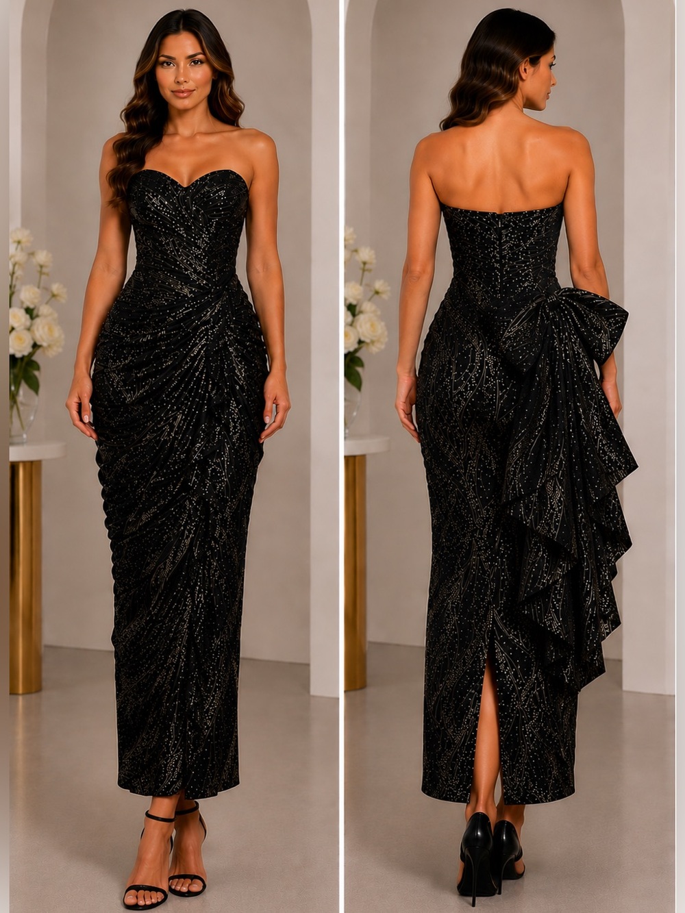 Vicky Tiel Fred Hayman Vintage Metallic Gold Black Ruched Strapless Dress SM